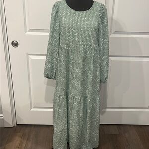 SHEIN Elegant Mint Green Long Sleeve Dress Flowy Tiered Modest Boho Size Medium
